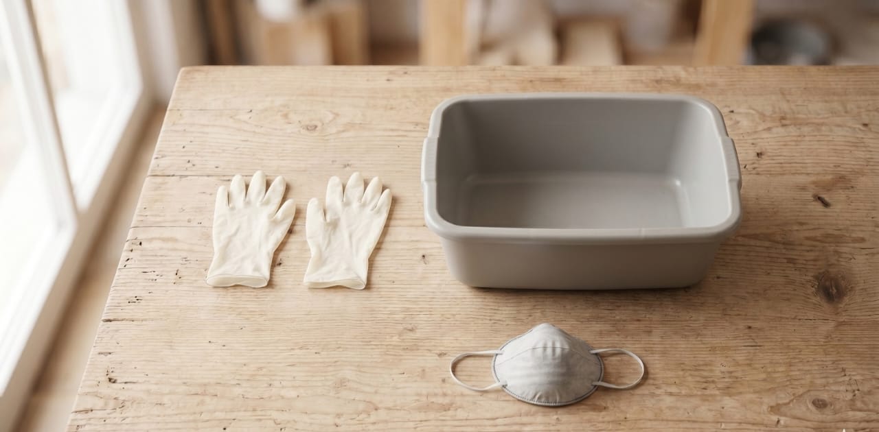 Elementos de cuidado y protección sobre mesa de trabajo